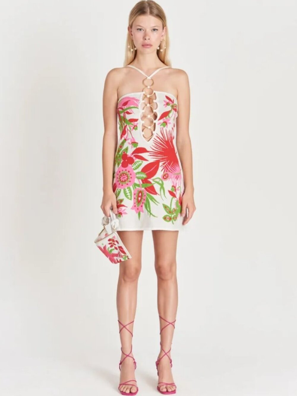 Cult Gaia Delilah Pink & Red Floral Ring Halter Dress Vibrant Bodycon Mini XS